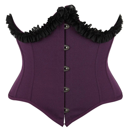 Gothic Underbust Corset Bustier Lace Ruffle Trim Front Busk Waist Cincher