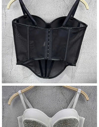 Rhinestone Mesh Denim Bustier Corset Crop Top Push-Up Party Bralette