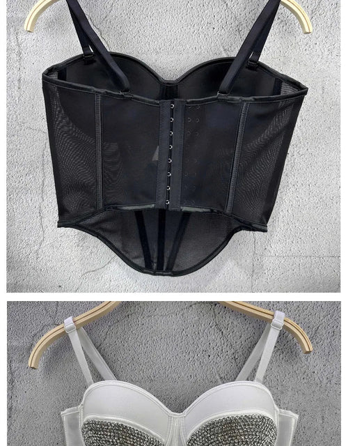 Rhinestone Mesh Denim Bustier Corset Crop Top Push-Up Party Bralette