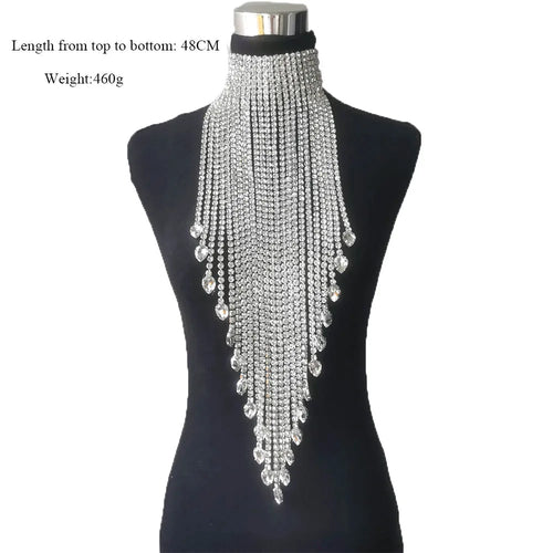 Luxury Rhinestone Long Tassel Statement Choker – Waist-Length Crystal Drop Necklace for Weddings, Galas & High-Fashion Clubwear