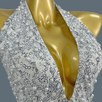 Sparkly Pearl & Crystal Tassel Deep V-Neck Backless White Stage Bodysuit Leotard