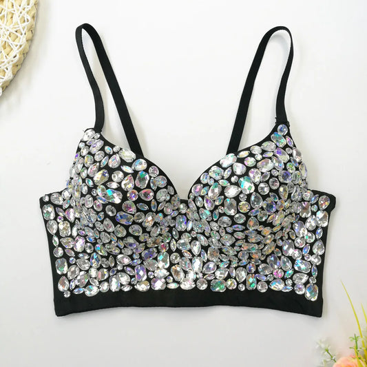 Rhinestone Glitter Bustier Corset Top Hook-and-Eye Nightclub Party Bralette