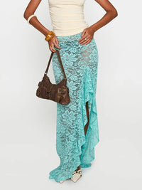 Elegant Women s Lace Maxi Skirt with High Waist and Ruffled Hemline Stylish Bodycon Fit for Summer Fashion Trend