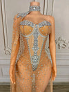 Sparkly Rhinestone & Pearl Mesh Evening Gown with Cloak Sleeves Stage Costume