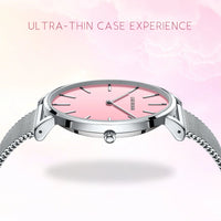 Women's Pink Dial Mesh Band Slim Stainless Steel Watch