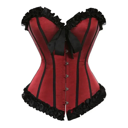 Vintage Gothic Striped Overbust Corset Lace Trim Satin Bustier Body Shaper