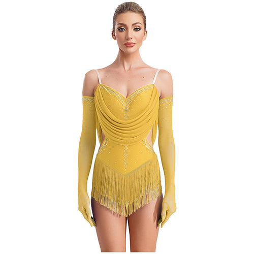 Sparkly Rhinestone & Tassel Fringe Dance Leotard with Gloves Two-Piece Stage Costume