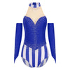 Circus Ringmaster Rhinestone Striped Leotard & Fingerless Gloves Costume Set