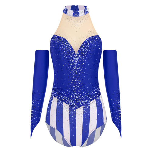 Circus Ringmaster Rhinestone Striped Leotard & Fingerless Gloves Costume Set