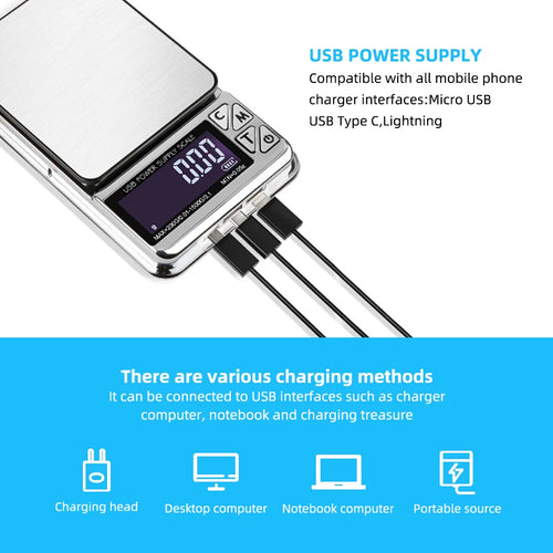 High Precision Jewelry Scale 1000g/600g/200gX0.01g Digital LCD Count Electronic Scale Stainless Pocket Kitchen Scales USB Charge