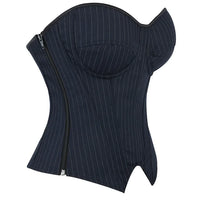 Black Striped Overbust Corset Top Zipper Front Lace-Up Bustier Body Shaper