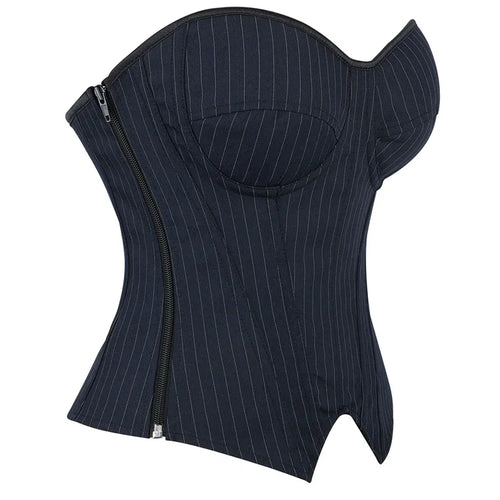 Black Striped Overbust Corset Top Zipper Front Lace-Up Bustier Body Shaper