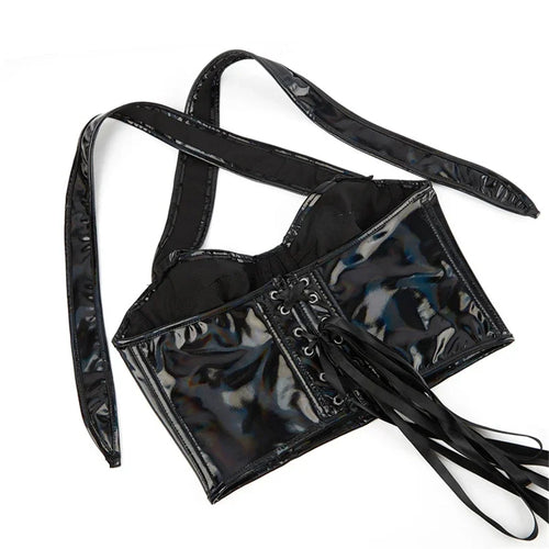 Black Shiny PU Leather Halter Corset Crop Top Push-Up Bustier Gothic Bra