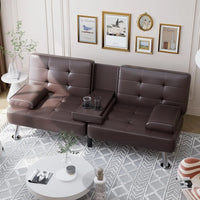 Folding Futon Sofa Bed Sleeper Couch for Living Room Faux Leather Upholstered Loveseat w/Removable Armrests, Metal Legs