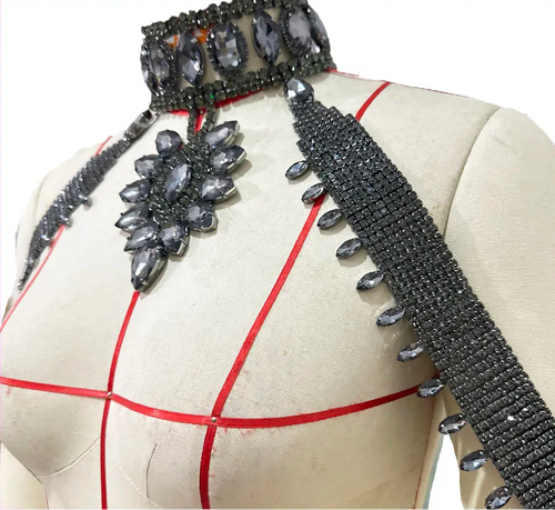 Rhinestone Shoulder Choker Necklace & Bracelet Jewelry Set