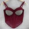 Rhinestone Mesh Denim Bustier Corset Crop Top Push-Up Party Bralette