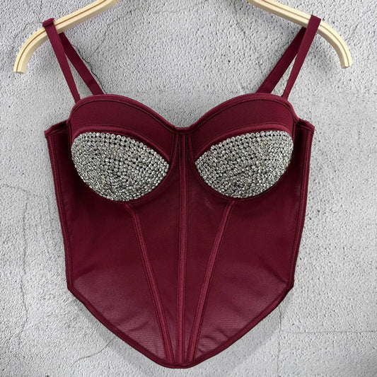 Rhinestone Mesh Denim Bustier Corset Crop Top Push-Up Party Bralette