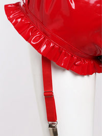 Wet-Look PU Leather Ruffled Bloomer Shorts Attached Garter Clips Briefs