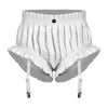 Wet-Look PU Leather Ruffled Bloomer Shorts Attached Garter Clips Briefs