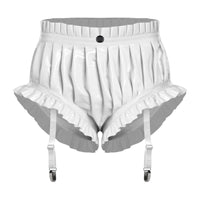 Wet-Look PU Leather Ruffled Bloomer Shorts Attached Garter Clips Briefs
