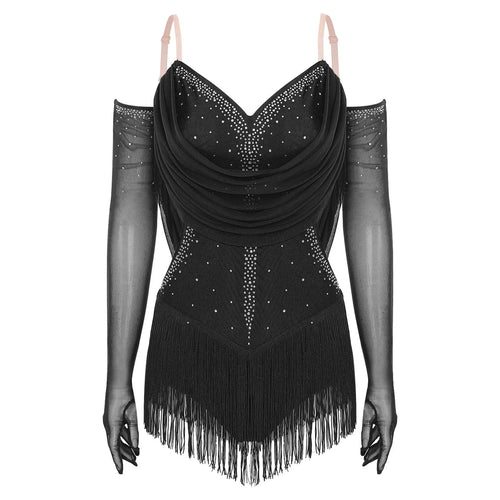 Sparkly Rhinestone & Tassel Fringe Dance Leotard with Gloves Two-Piece Stage Costume