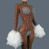 Sparkly Rhinestone & Feather Cuffed Jumpsuit Stage Performance Catsuit Costume