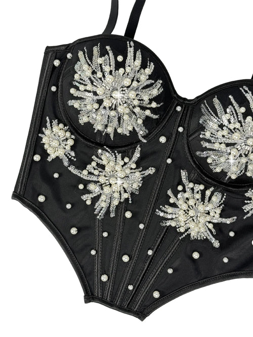 Pearl & Sequin Embroidered Floral Bustier Corset Top Asymmetric Camisole Bralette