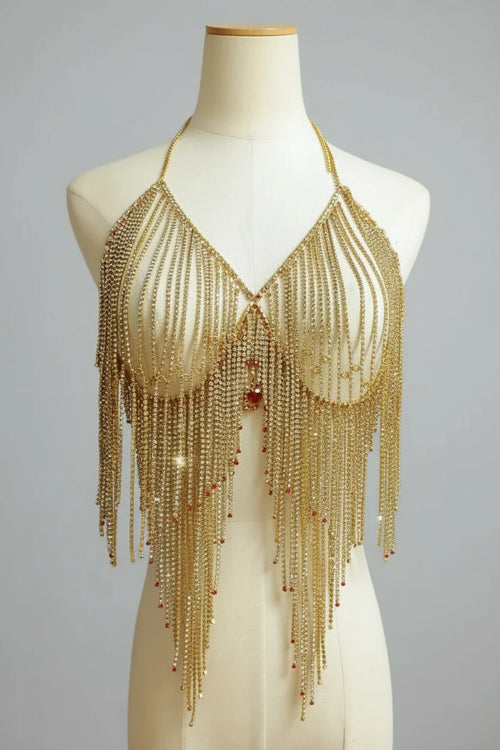 Dazzling Crystal Tassel Bikini Bra Chain & Love Pendant Chest Jewelry