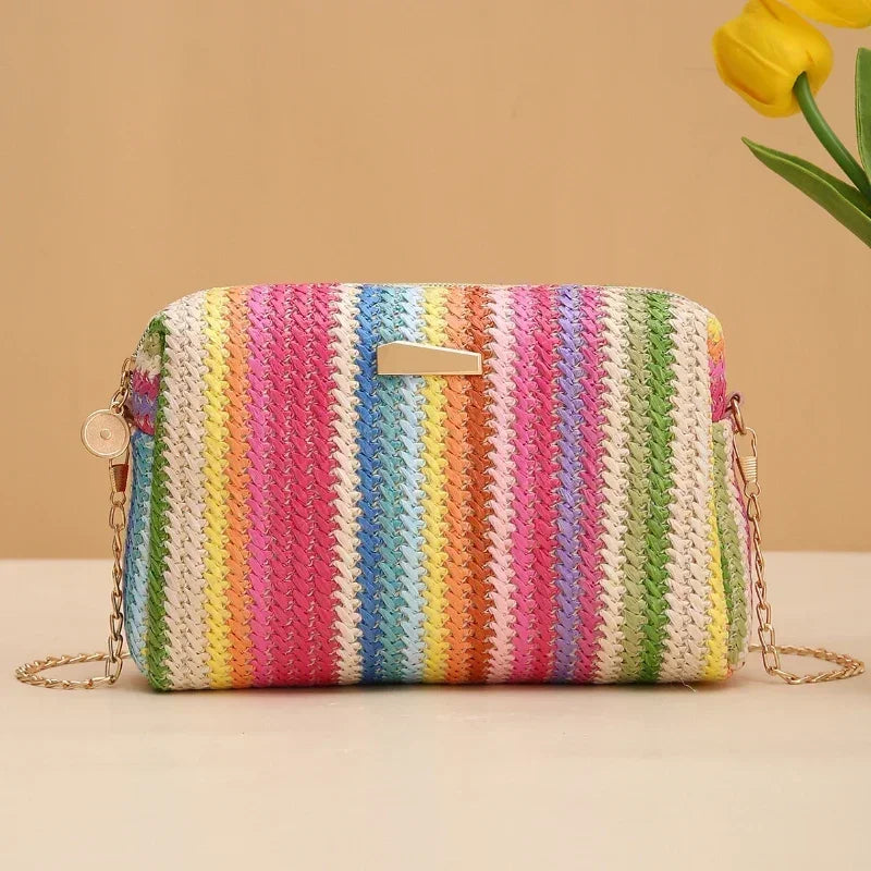 Rattan Knitting Women Straw Bag Beach Summer Chain Small Purse and Handbag Female Shoulder Crossbody Bags Travel Design Flap Bag