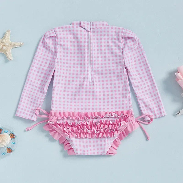 Women s Long Sleeve Rash Guard Swimsuit with Ruffle Trim and Floral Print  Bathing Suit Swim Romper for Girls