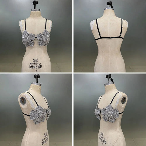 Handmade Crystal Flower Embroidery Rhinestone Costume Bra