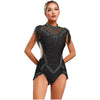 Rhinestone Mock Neck Mesh Tassel Leotard