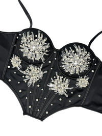 Pearl & Sequin Embroidered Floral Bustier Corset Top Asymmetric Camisole Bralette