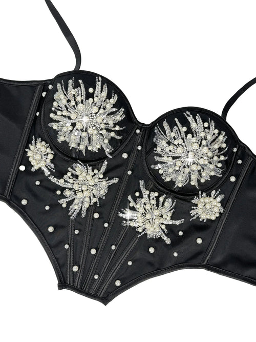 Pearl & Sequin Embroidered Floral Bustier Corset Top Asymmetric Camisole Bralette