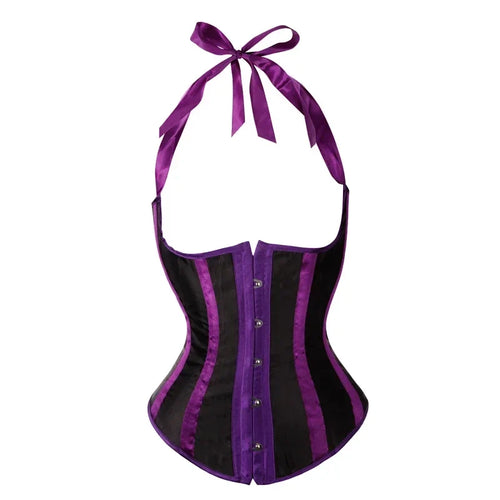Gothic Striped Satin Halter Underbust Corset Vest 12 Spiral Steel Bones Bustier