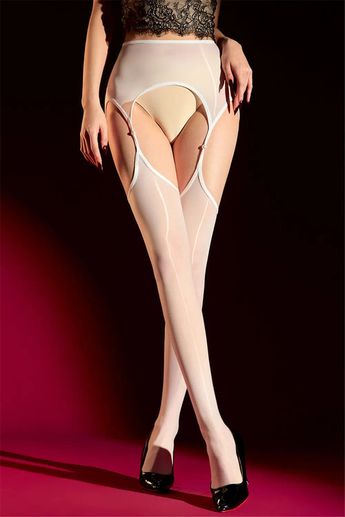 Pearl Cutout Open-Crotch Oil Glossy Sheer Pantyhose Garter Tights