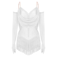 Sparkly Rhinestone & Tassel Fringe Dance Leotard with Gloves Two-Piece Stage Costume