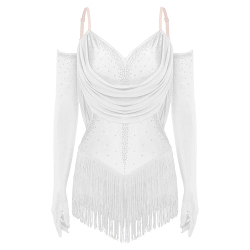 Sparkly Rhinestone & Tassel Fringe Dance Leotard with Gloves Two-Piece Stage Costume