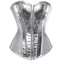 Gothic Metallic Faux Leather Overbust Corset Shiny Steel-Look Bustier