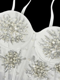 Pearl & Sequin Embroidered Floral Bustier Corset Top Asymmetric Camisole Bralette
