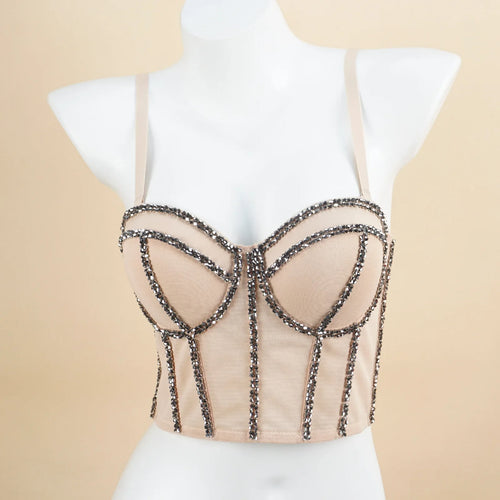 Pearl Beaded Bustier Corset Crop Top Push-Up Evening Party Camisole