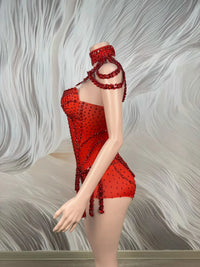 Sparkly Rhinestone Tassel Spandex Bodysuit Halter Dance Stage Costume Leotard