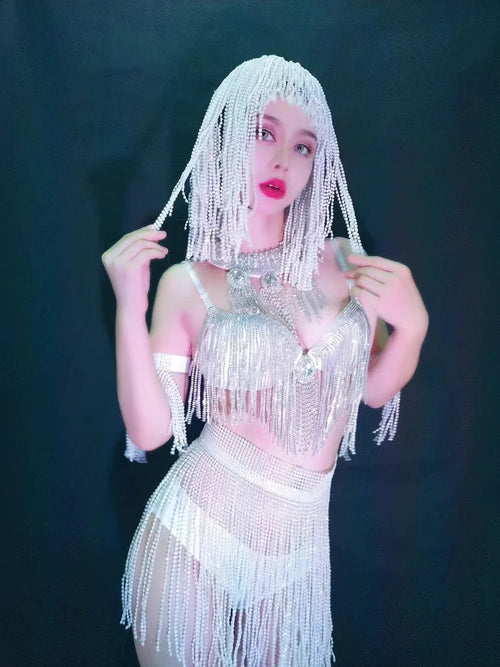Luxury Crystal Tassel Bikini & Wig Performance Set – Premium Showgirl Stage Costume for GoGo Dancers, Nightclub DJs & Rave Outfits