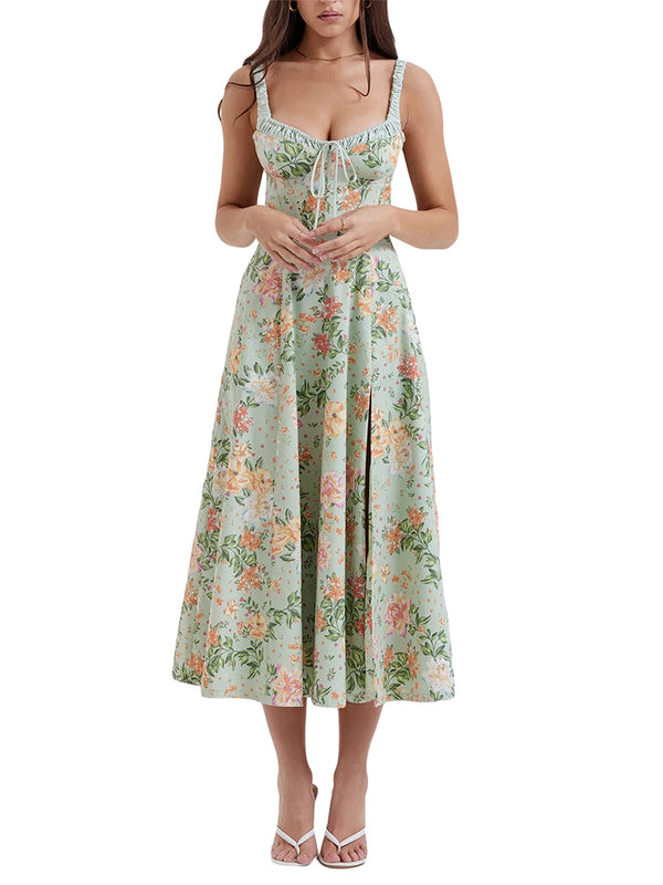 Women Summer Casual Midi Dress Floral Print Low-Cut Sleeveless Sling Sweet Dress Fashion Backless Temperament Dress