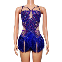 Rhinestone Fringe Bodysuit with Cutout Mesh Panels