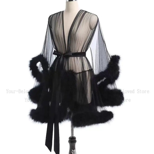 Sheer Mesh & Plush Feather Trim Long Sleeve Robe Lingerie Stage Costume