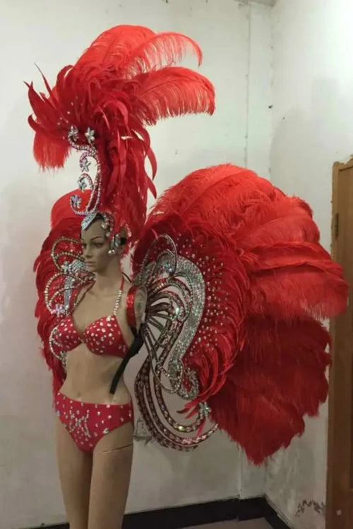 Ornate Red Feather & Rhinestone Carnival Set