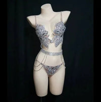 Sparkly Crystal Rhinestone Diamond Bra & Bikini Set Stage Costume