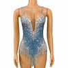 Rhinestone Fringe Bodysuit with Deep V Mesh Insert