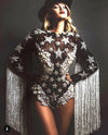 Sparkly Gray Crystal Star & Tassel Fringe Bodysuit Stage Performance Costume